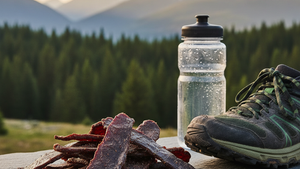 Beef jerky for runners on a slate stone next to a trail running shoe and water bottle in an alpine setting