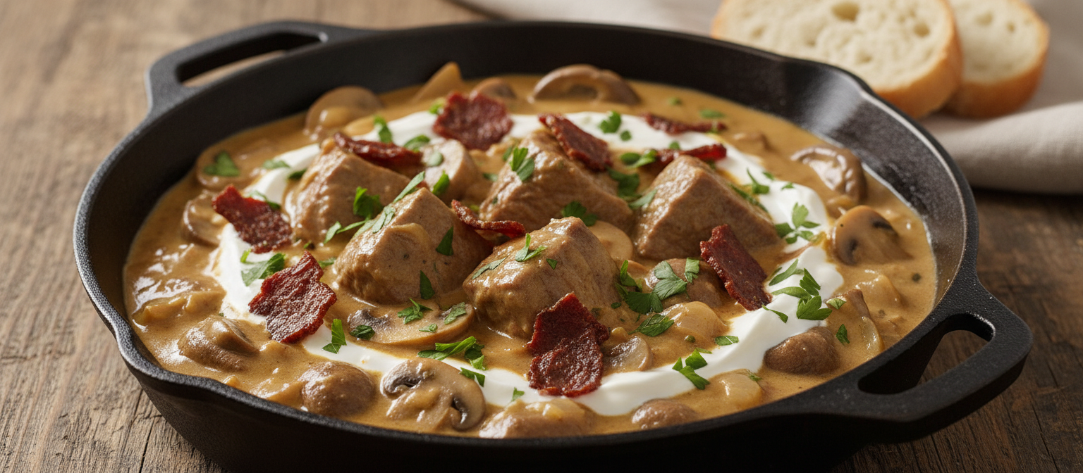 Beef Stroganoff mit Rindfleischwürfeln und Jack Link’s Original Beef J ...