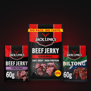 Jack Link's Teriyaki, Original 100g and Biltong packs side by side on a dark red ground