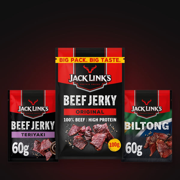 Jack Link's Teriyaki, Original 100g and Biltong packs side by side on a dark red ground