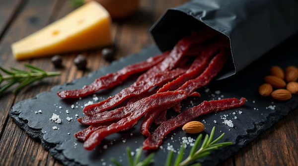 Keto jerky strips and biltong spilling from a matte black pouch with hard cheese, almonds and rosemary on dark slate - low-carb, sugar-free beef jerky snack setup