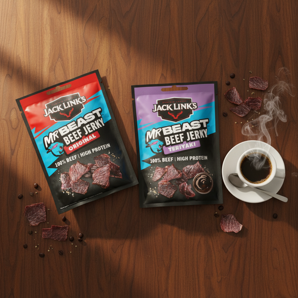 Jack Link's MrBeast Original and Teriyaki beef jerky pouches on a warm walnut wooden table beside a steaming espresso, scattered jerky pieces and peppercorns — editorial flatlay in moody window light