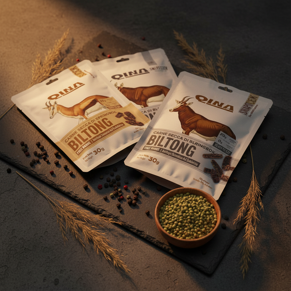 QINA Springbok, Blesbok and Nam Flava biltong pouches arranged on a dark slate board with a wooden bowl of coriander seeds, scattered peppercorns and dried savanna grass — moody editorial charcuterie photography