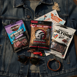 Jack Link's MrBeast Teriyaki, Indiana Hot & Sweet, and Nam Flava Biltong pouches on a denim jacket alongside vintage sunglasses, a leather wristband and a festival lineup — editorial flatlay in warm golden-hour light