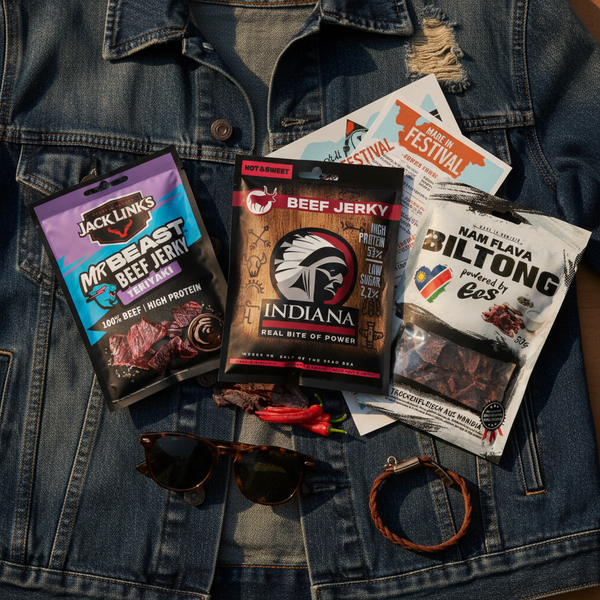Jack Link's MrBeast Teriyaki, Indiana Hot & Sweet, and Nam Flava Biltong pouches on a denim jacket alongside vintage sunglasses, a leather wristband and a festival lineup — editorial flatlay in warm golden-hour light