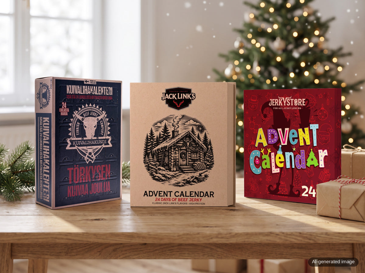 Banner för kollektionen julkalendrar med kalendrarna från Kuivalihakundi, Jack Link's och Jerky Store på ett juldukat bord