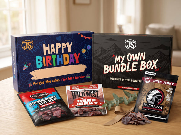 Happy Birthday Box and My Own Bundle Box with Jack Link's, Wild West and Indiana jerky pouches