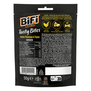 BiFi Tasty Bites Italian Parmesan and Thyme 50g pack back with nutrition and ingredients