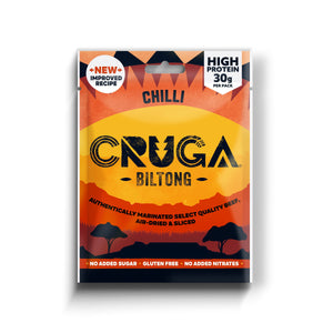 Cruga Biltong Chilli 60g pack front – new improved recipe, 30g protein per pack, no added sugar, gluten free, no added nitrates