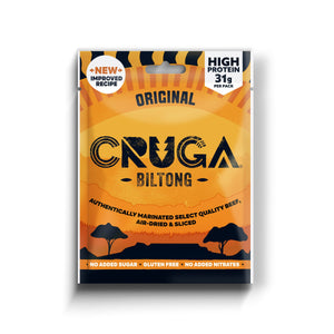 Cruga Biltong Original 60g pack front – new improved recipe, 31g protein per pack, no added sugar, gluten free, no added nitrates