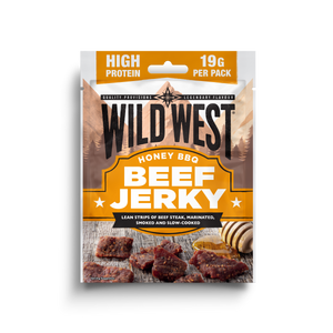 Packaged beef jerky from Wild West with honey BBQ flavor on a white background