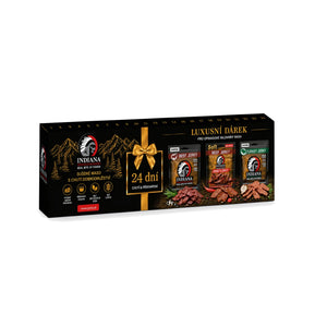 Indiana Jerky Advent Calendar, 24 days of jerky, long black box with gold bow print and 24 numbered doors, front view on white