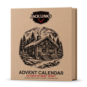 Jack Link's Advent Calendar, 24 Days of Beef Jerky, closed kraft box with winter cabin artwork, front view on white