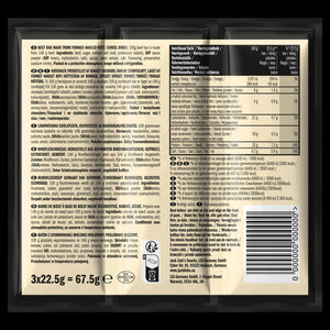 Jack Link's Protein Bar 3-pack back of pack with nutrition table and ingredients, 3 x 22.5 g = 67.5 g