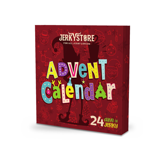Jerky Store Advent Calendar, 24 Days of Jerky, closed dark red box with elf artwork, front view on white