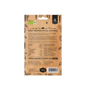 Grizzly Foods Bio Beef Jerky Cracked Pepper 30g back of pack showing ingredients and nutrition information