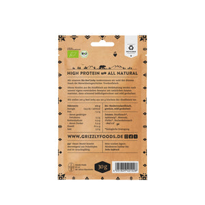 Grizzly Foods Bio Beef Jerky Original 30g back of pack showing ingredients and nutrition information