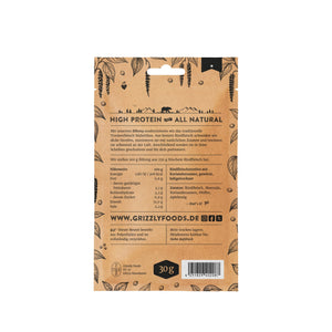 Grizzly Foods Biltong Classic 30g baksida med näringsvärdestabell, ingredienser och streckkod