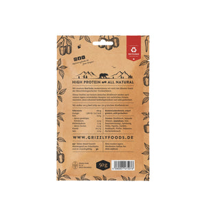 Grizzly Foods Beef Jerky Burn Baby Burn 50g back of pack showing ingredients and nutrition information