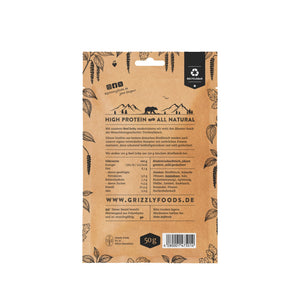 Grizzly Foods Beef Jerky Cracked Pepper 50g back of pack showing ingredients and nutrition information