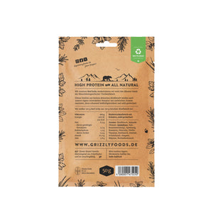 Grizzly Foods Beef Jerky Garden Greens 50g back of pack showing ingredients and nutrition information