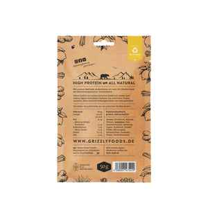 Grizzly Foods Beef Jerky Lemon Ginger 50g back of pack showing ingredients and nutrition information