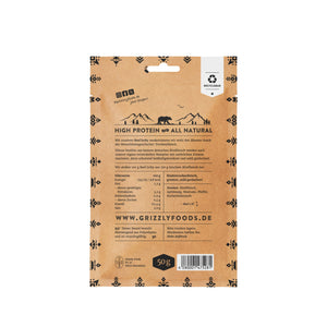 Grizzly Foods Beef Jerky Original 50g back of pack showing ingredients and nutrition information
