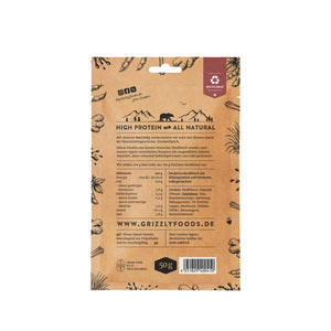 Grizzly Foods Beef Jerky Teriyaki 50g back of pack showing ingredients and nutrition information