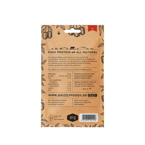 Grizzly Foods Biltong Red Heat 30g back of pack showing nutrition table and chilli and paprika ingredients