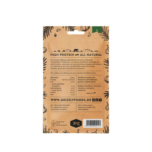 Grizzly Foods Biltong Wild Rosemary 30g back of pack showing nutrition table, rosemary and garlic ingredients