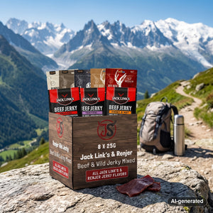 Beef & Beyond Box with Jack Link's and Renjer on a rock beside a mountain trail in the Alps, with a backpack and thermos, AI-generated image