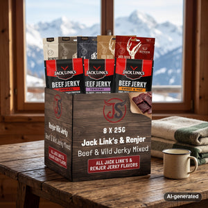 Beef & Beyond Box with Jack Link's and Renjer on a wooden table in a mountain chalet, with a wool blanket, an enamel mug and snowy mountains outside, AI-generated image