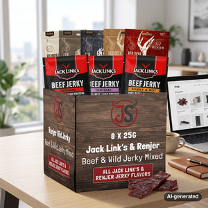 Beef & Beyond Box with Jack Link's and Renjer on a desk next to a laptop, a cup of coffee and a notebook, AI-generated image