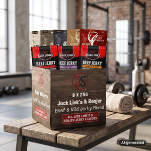 Beef & Beyond Box with Jack Link's and Renjer on a gym bench, with dumbbells, a towel and a water bottle in the background, AI-generated image