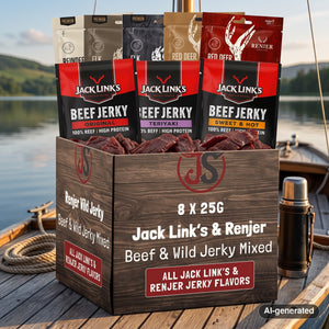 Beef & Beyond Box with Jack Link's and Renjer on the deck of a small sailboat on a lake in the evening sun, with a rope and thermos, AI-generated image