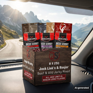 Beef & Beyond Box with Jack Link's and Renjer on the dashboard of a car at a mountain pass viewpoint, AI-generated image