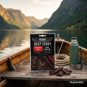 Meat Makers Beef Original Hot on the deck of a small boat on a fjord, with a rope and thermos in the evening sun, AI-generated image
