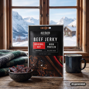 Meat Makers Beef Original Hot on a wooden table in a mountain cabin, with a wool blanket, an enamel mug and snowy mountains outside, AI-generated image