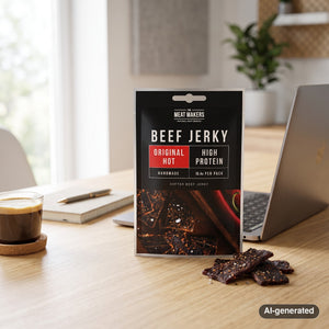 Meat Makers Beef Original Hot on a desk next to a laptop, a cup of coffee and a notebook, AI-generated image