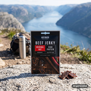 Meat Makers Beef Original Hot on a rock beside a mountain trail above a Norwegian fjord, with a backpack and thermos, AI-generated image