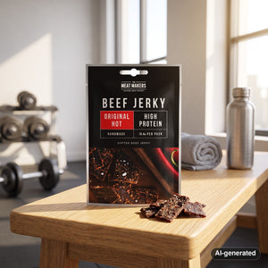 Meat Makers Beef Original Hot on a gym bench, with dumbbells, a towel and a water bottle in the background, AI-generated image