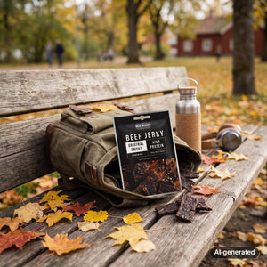 Meat Makers Beef Original Smoky sticking out of a backpack on a park bench in autumn, with a water bottle and headphones, AI-generated image