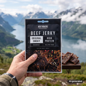 Hand holding Meat Makers Beef Original Smoky in front of a fjord landscape, AI-generated image