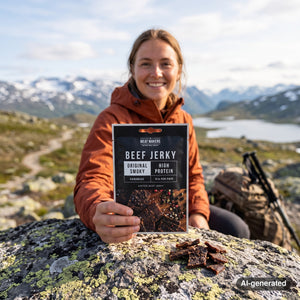 Hiker taking a break in the mountains holding Meat Makers Beef Original Smoky, AI-generated image