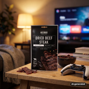 Meat Makers Beef Steak Original on a coffee table in the evening, with a game controller and a small bowl, AI-generated image