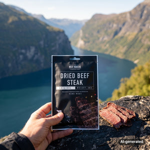 Hand holding Meat Makers Beef Steak Original in front of a fjord landscape, AI-generated image