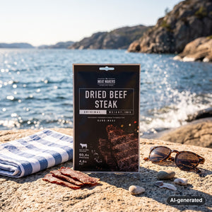 Meat Makers Beef Steak Original on a smooth coastal rock by the sea, with a towel and sunglasses, AI-generated image