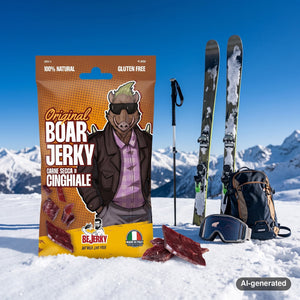 BeJerky Boar Jerky Original in the snow next to touring skis and poles on a sunny winter day in the Alps, AI-generated image