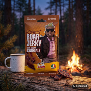 BeJerky Boar Jerky Original on a log by a campfire in a pine forest at dusk, with an enamel mug, AI-generated image