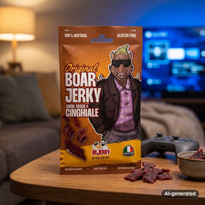 BeJerky Boar Jerky Original on a coffee table in the evening, with a game controller and a small bowl, AI-generated image